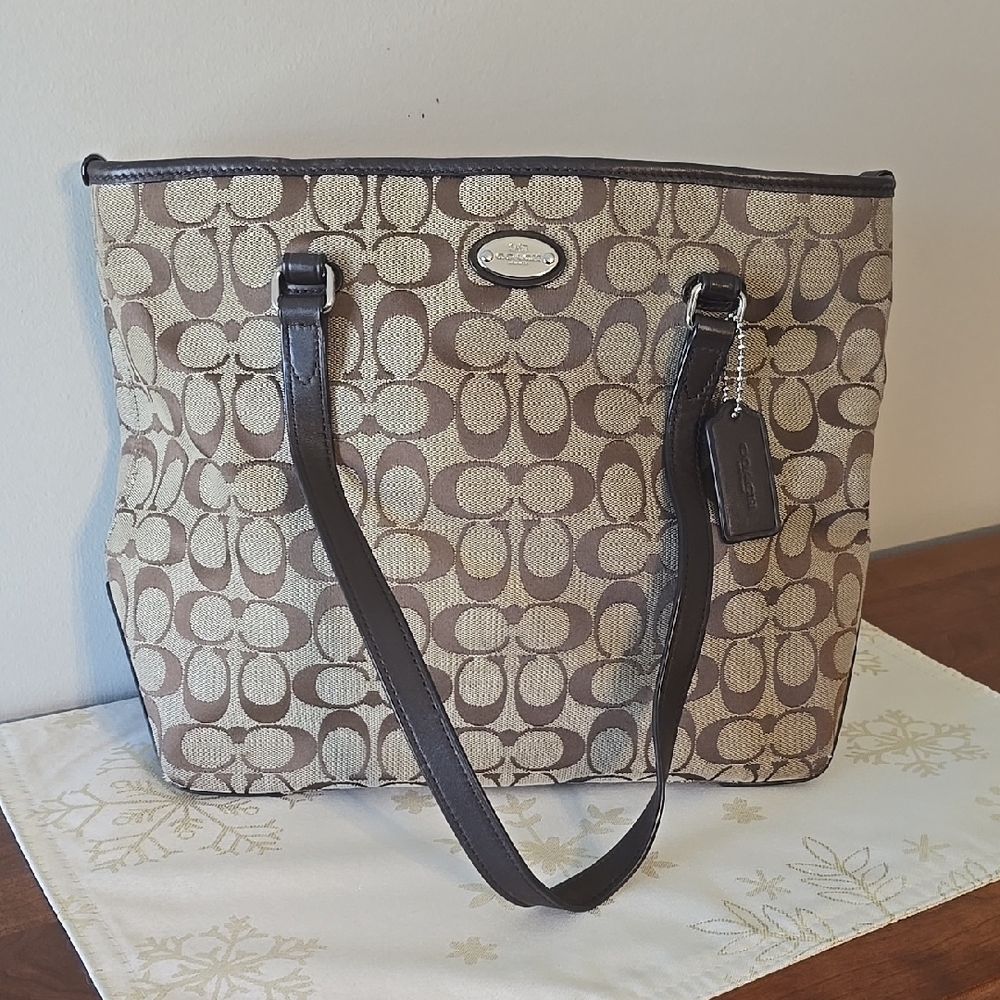 Coach Brown Signature Tote with Leather Accents